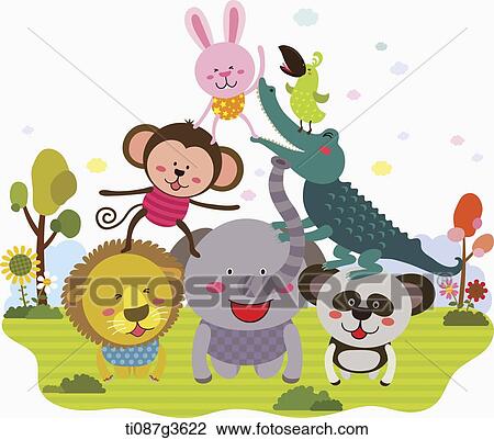 Drawing - illustration of animals doing human pyramid. Fotosearch