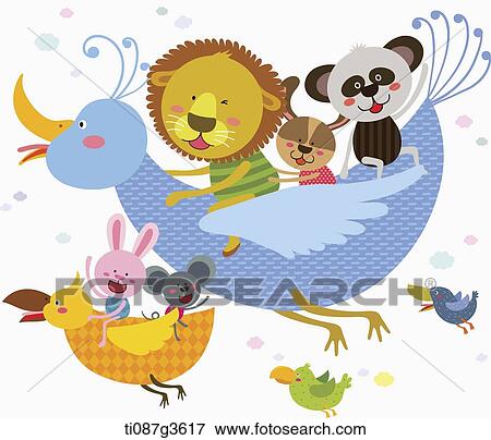 illustration of animals flying on birds View Large Illustration Stock Illustration - illustration of animals flying on birds. Fotosearch