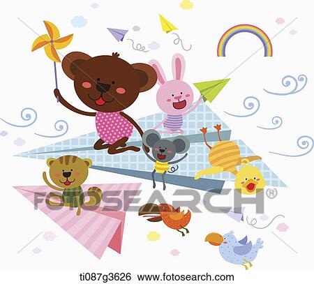 Stock Illustration - illustration of animals flying on paper plane. Fotosearch