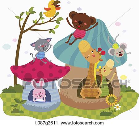 illustration of animals in a mushroom house View Large Illustration Clip Art - illustration of animals in a mushroom house. Fotosearch