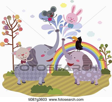 illustration of animals including elephants playing together View Large Illustration Drawing - illustration of animals including elephants playing together. Fotosearch