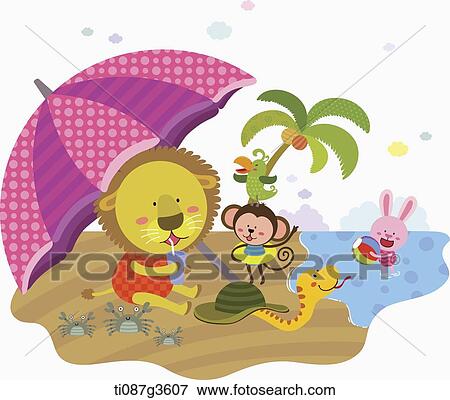 illustration of animals on a beach View Large Illustration Stock Illustration - illustration of animals on a beach. Fotosearch