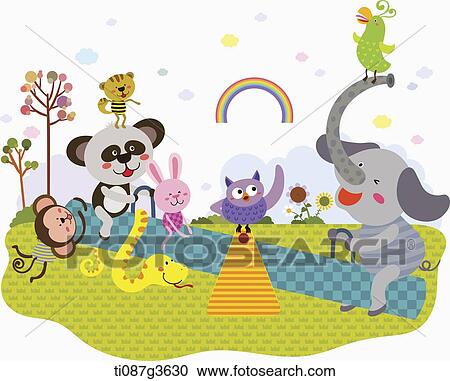 illustration of animals on a seesaw View Large Illustration Clipart - illustration of animals on a seesaw. Fotosearch