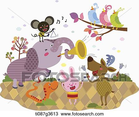 illustration of animals playing instruments View Large Illustration Drawing - illustration of animals playing instruments. Fotosearch