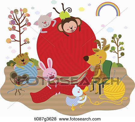 illustration of animals playing with knitting string View Large Illustration Stock Illustration - illustration of animals playing with knitting string. Fotosearch