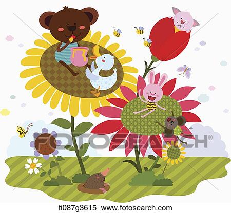illustration of animals resting on sun flowers View Large Illustration Stock Illustration - illustration of animals resting on sun flowers. Fotosearch