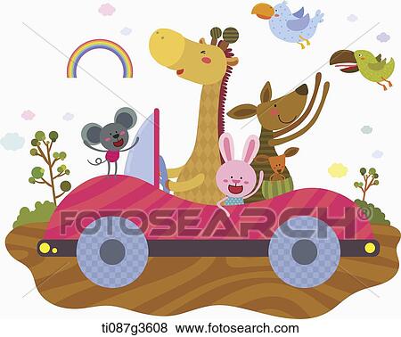 illustration of animals riding a car View Large Illustration Stock Illustration - illustration of animals riding a car. Fotosearch