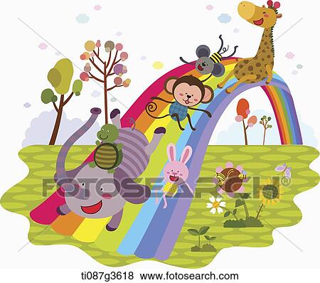 Stock Illustration - illustration of animals riding a rainbow. Fotosearch