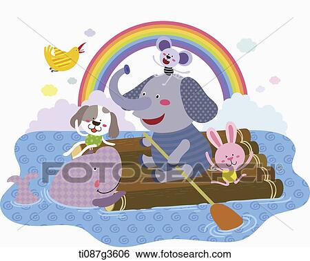illustration of animals rowing a wooden boat View Large Illustration Stock Illustration - illustration of animals rowing a wooden boat. Fotosearch