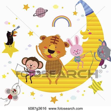 illustration of animals sitting on a moon View Large Illustration Stock Illustration - illustration of animals sitting on a moon. Fotosearch