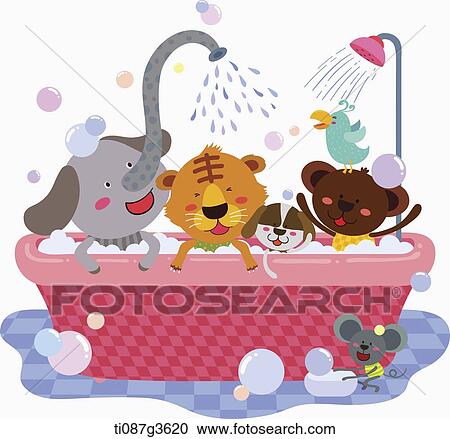 Clipart - illustration of animals taking shower together. Fotosearch