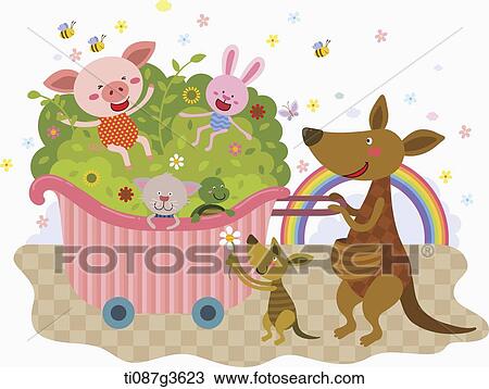 Drawing - illustration of animals with bush basket cart. Fotosearch