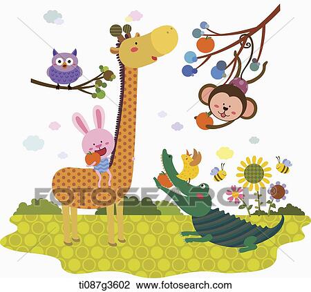 Drawing - illustration of animals with tree branch and flowers. Fotosearch