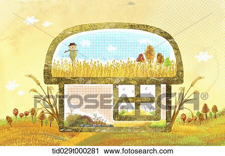 Clip Art - illustration of autumn inside a shape of a house. Fotosearch