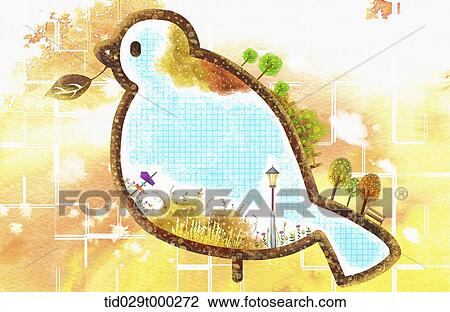 illustration of autumn inside a shape of a bird View Large Illustration Drawing - illustration of autumn inside a shape of a bird. Fotosearch