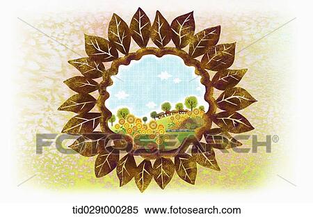 Stock Illustration - illustration of autumn inside a shape of a sunflower. Fotosearch