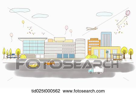 Drawing - illustration of building in the city. Fotosearch