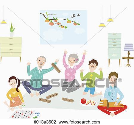 Drawing - illustration of extended family playing game in Chuseok. Fotosearch