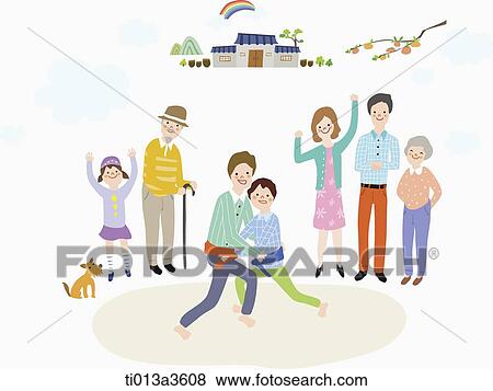 Stock Illustration - illustration of extended family playing game in Chuseok. Fotosearch