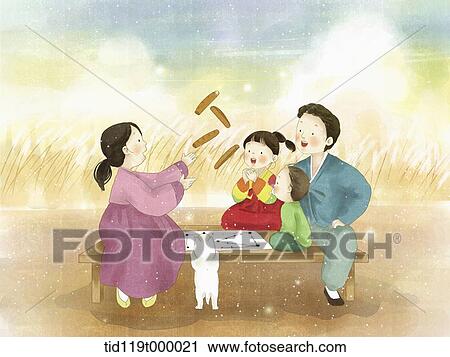 Clip Art - illustration of family enjoying Chuseok. Fotosearch