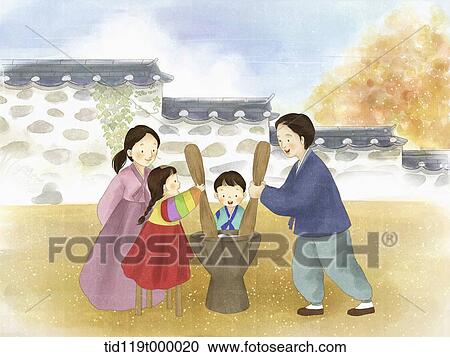 Clipart - illustration of family enjoying Chuseok. Fotosearch