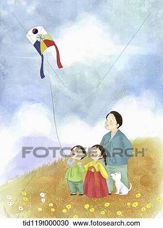 Clipart - illustration of family enjoying Chuseok. Fotosearch