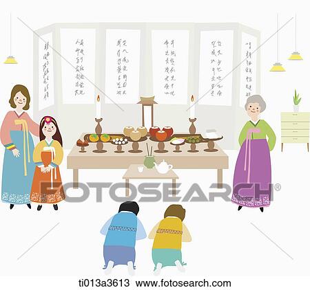 Drawing - illustration of family in Chuseok ceremony. Fotosearch