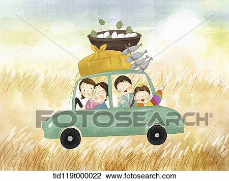 illustration of family in the car at Chuseok View Large Illustration Drawing - illustration of family in the car at Chuseok. Fotosearch