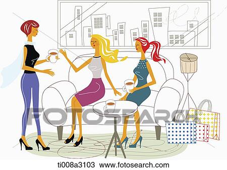 Drawing - illustration of girls in a coffee house. Fotosearch