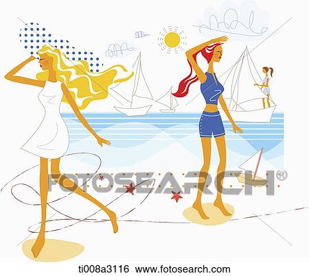 Stock Illustration - illustration of girls on a beach. Fotosearch