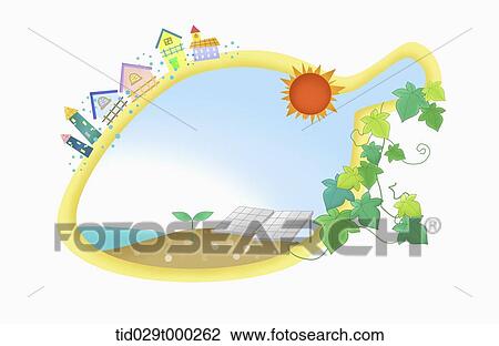 Drawing - illustration of green city around a shape of leaf. Fotosearch