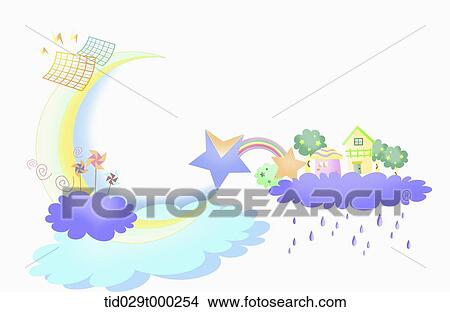 Stock Illustration - illustration of green city around clouds and moon. Fotosearch