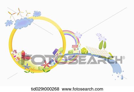 Stock Illustration - illustration of green city around yellow circle. Fotosearch