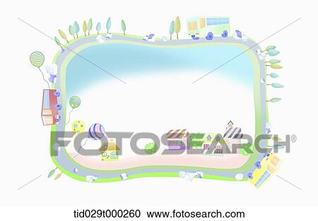 Clipart - illustration of green city in and out of square road. Fotosearch