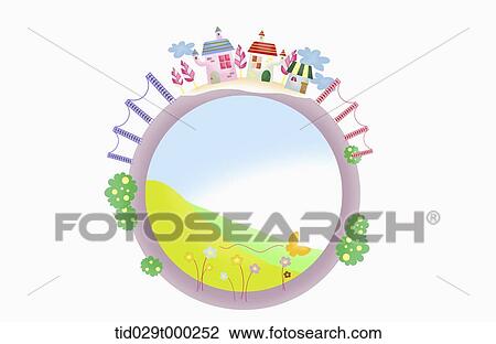 illustration of green city in and out of a pick circle View Large Illustration Drawing - illustration of green city in and out of a pick circle . Fotosearch