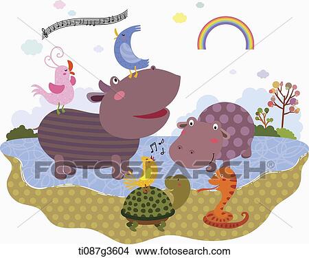 Stock Illustration - illustration of hippopotamus and animals playing on a pond. Fotosearch