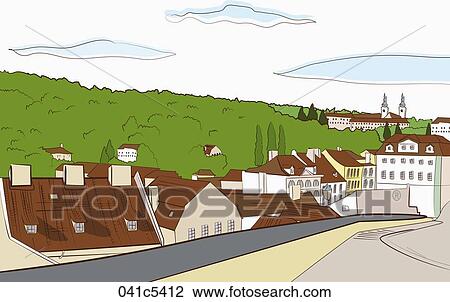 Drawing - illustration of houses with forest behind. Fotosearch