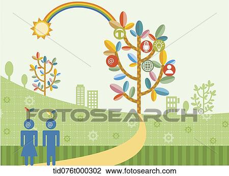 Drawing - illustration of human figures on a unique land. Fotosearch