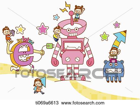 illustration of kids and robots View Large Illustration Drawing - illustration of kids and robots . Fotosearch