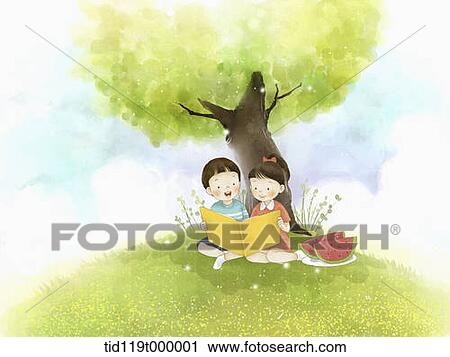 illustration of kids reading a book under a tree View Large Illustration Clip Art - illustration of kids reading a book under a tree. Fotosearch