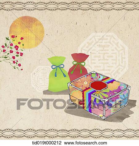 illustration of Korean Chuseok featuring traditional makeup box View Large Illustration Drawing - illustration of Korean Chuseok featuring traditional makeup box. Fotosearch