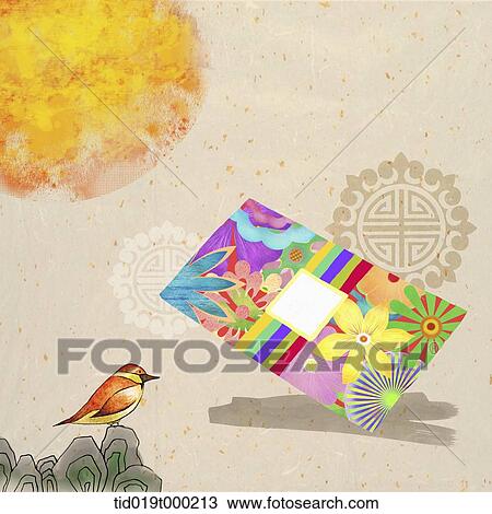 Drawing - illustration of Korean Chuseok featuring traditional kite. Fotosearch