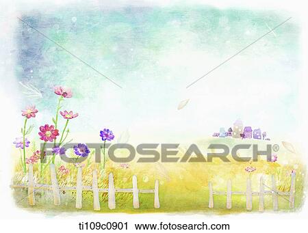 illustration of landscape featuring grass and flowers View Large Illustration Clip Art - illustration of landscape featuring grass and flowers. Fotosearch