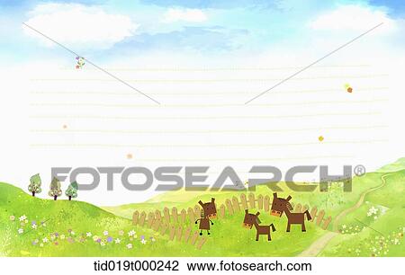 Drawing - illustration of letter template with a nature scene as background. Fotosearch
