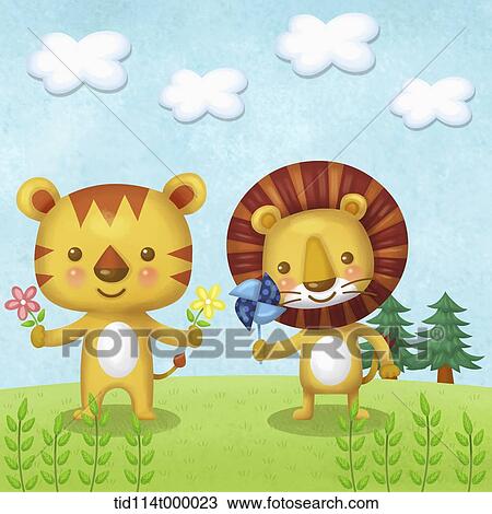 illustration of lions on grass View Large Illustration Drawing - illustration of lions on grass. Fotosearch