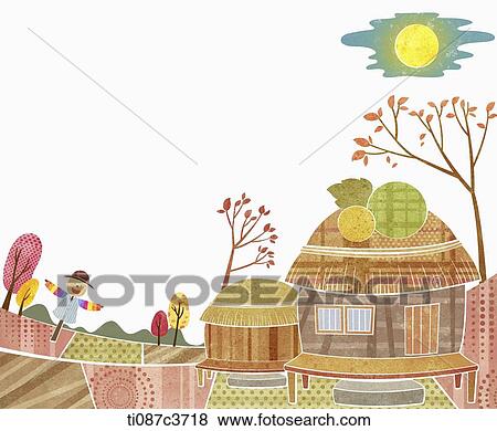 Stock Illustration - illustration of memo template featuring Korean hut and scarecrow. Fotosearch