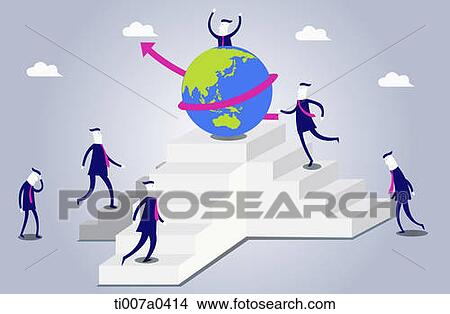 Stock Illustration - illustration of men running up stairs to a globe. Fotosearch