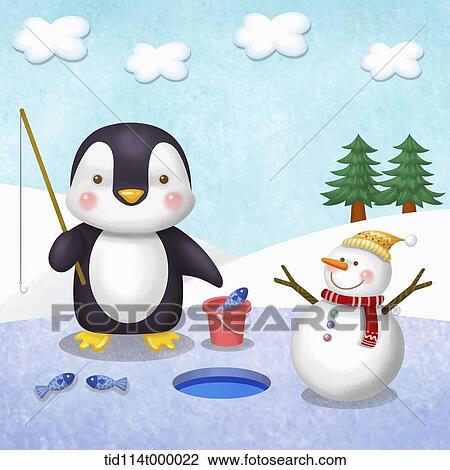 Drawing - illustration of penguin fishing under ice. Fotosearch