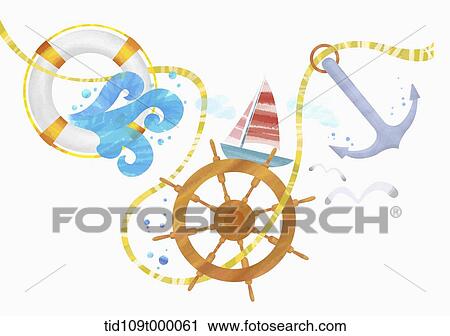 illustration of summer theme featuring ship related items View Large Illustration Clip Art - illustration of summer theme featuring ship related items. Fotosearch