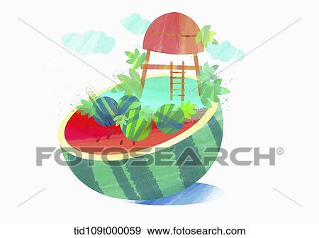 illustration of summer theme featuring hut on a watermelon View Large Illustration Stock Illustration - illustration of summer theme featuring hut on a watermelon. Fotosearch